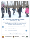 Flyer with photo of teacher holding bucket surrounded by children and their parents in the woods after snowfall