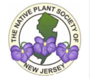 Circular logo of The Native Plant Society of New Jersey, with outline of the state in green overlaid by 3 violet flowers