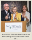 Former D&R Greenway Board Chair Brian Breuel, Betty Wold Johnson, and Linda Mead standing in front of a podium