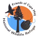 Logo of Friends of Cape May National Wildlife Refuge-silhouette of a seabird, pine tree, and stingray over orange and blue background