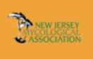 NJ Mycological Association Logo-black & white graphic of mushrooms with green text on saffron orange background 