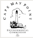 Cape May Point Environmental Commission logo-text + black & white sketch of lighthouse surrounded by vegetation with clouds & birds in sky