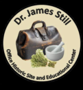 Logo of Dr. James Still Office Historic Site & Educational Center-image of leather bag with green herbs and mortar & pestle in a circle