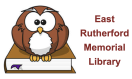 Library logo of brown cartoon owl sitting on book
