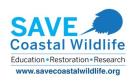 Organization logo: "SAVE Coastal Wildlife" in blue text with blue silhouette of horseshoe crab with text, "Education", "Restoration", "Research"  